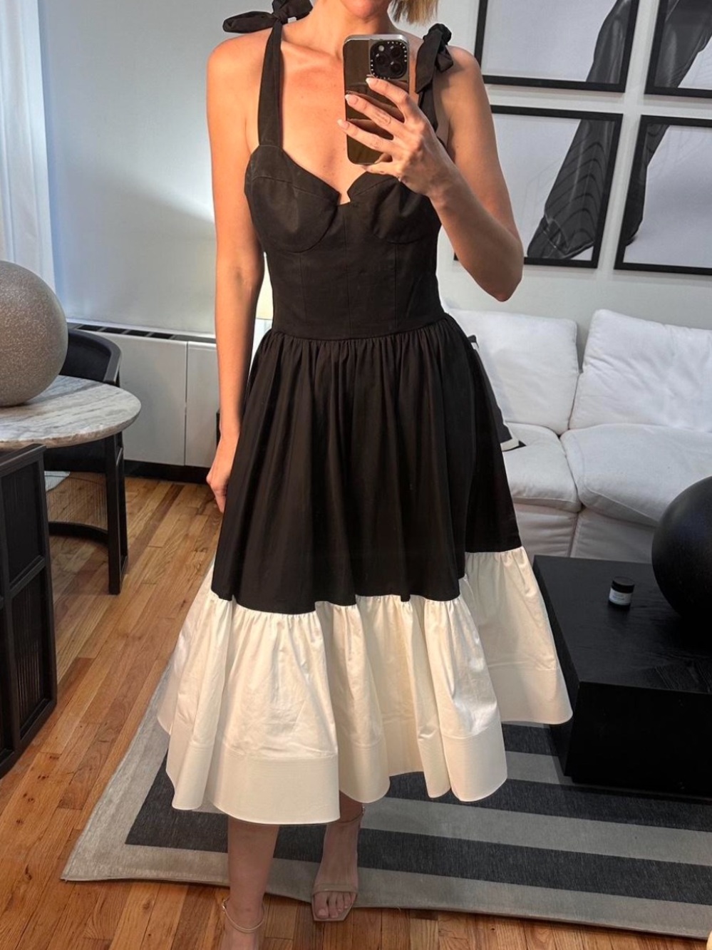 Bronx and Banco Black & White Tie-Shoulder Midi Dress